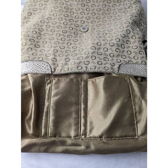 Guess vintage Y2K Beige Monogram Shoulder Purse Fabric Bag W Snake‎ Skin Inserts - Picture 10 of 14